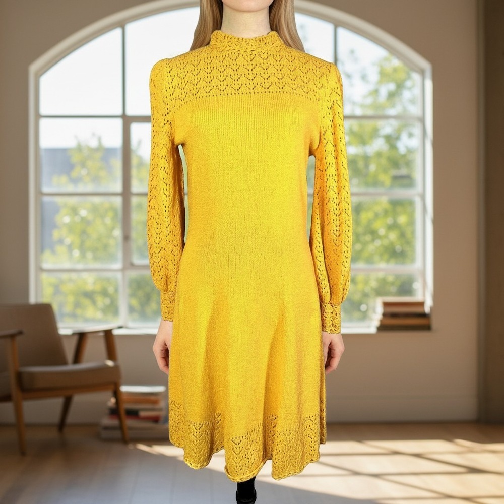 Vintage 70's Picardo Knits Sunny Yellow Long Sleeve Heavyweight Crotchet Dress
